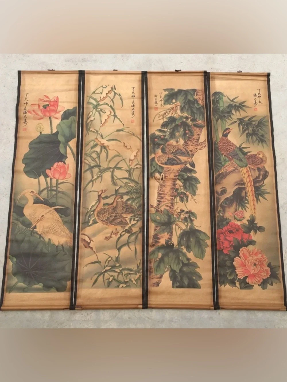 Hand-Painted Asian Floral & Bird Wall Panels in Tan and Green